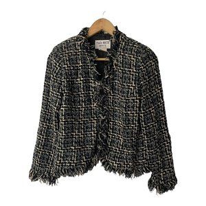 Vtg Plaza South Petite Tweed Black Fringe Blazer Jacket Size 6P